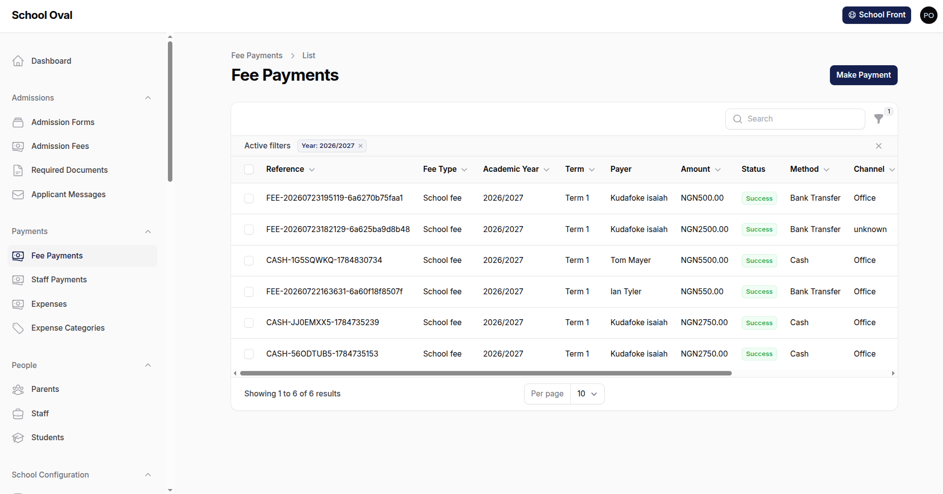 The fee collection dashboard in SchoolOval